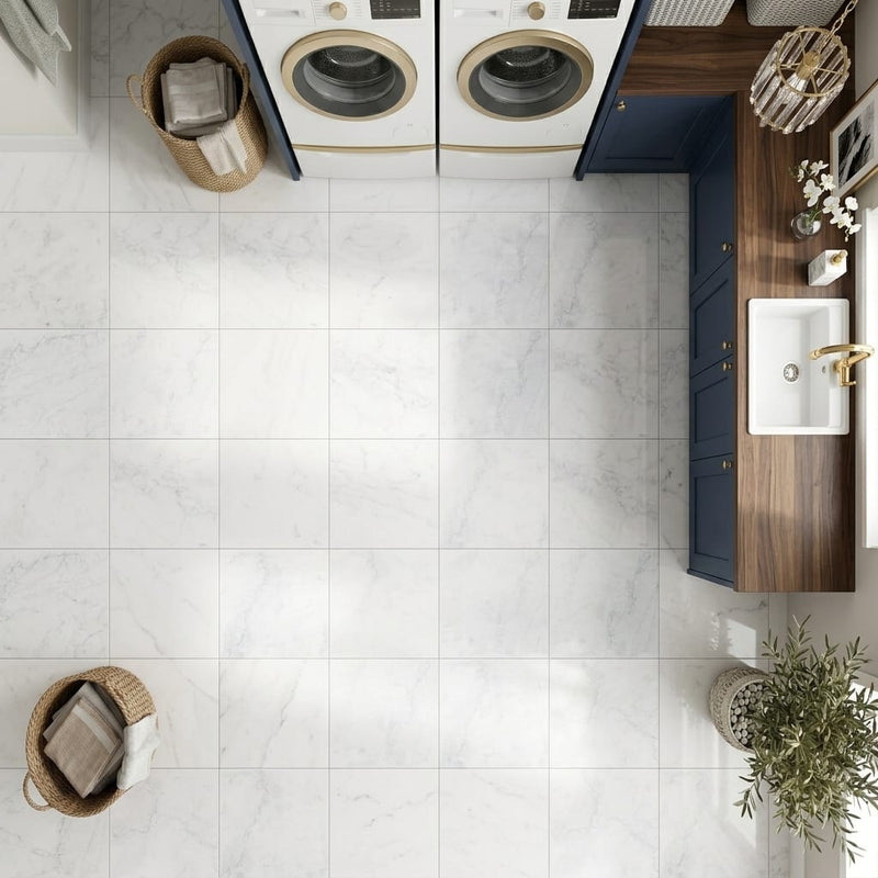 Bianco Carrara 12x12 Honed Marble Tile — Laundry Room floor