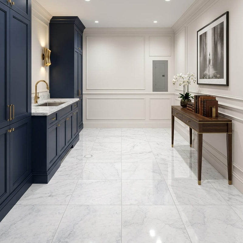 Bianco Carrara 12x12 Polished Marble Tile — Basement floor