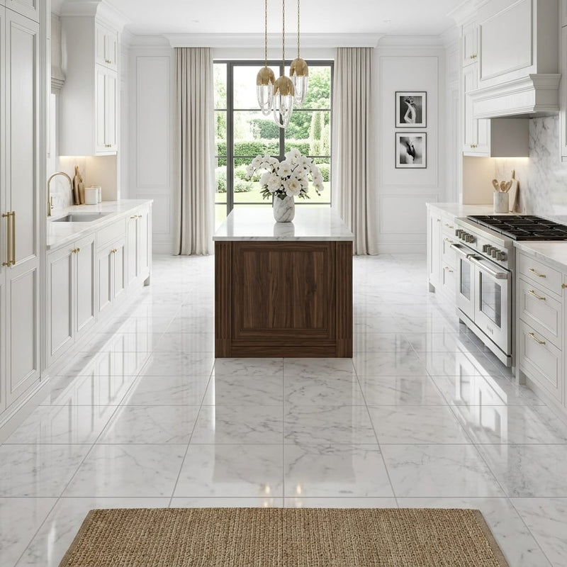 Bianco Carrara 12x12 Polished Marble Tile — Kitchen floor