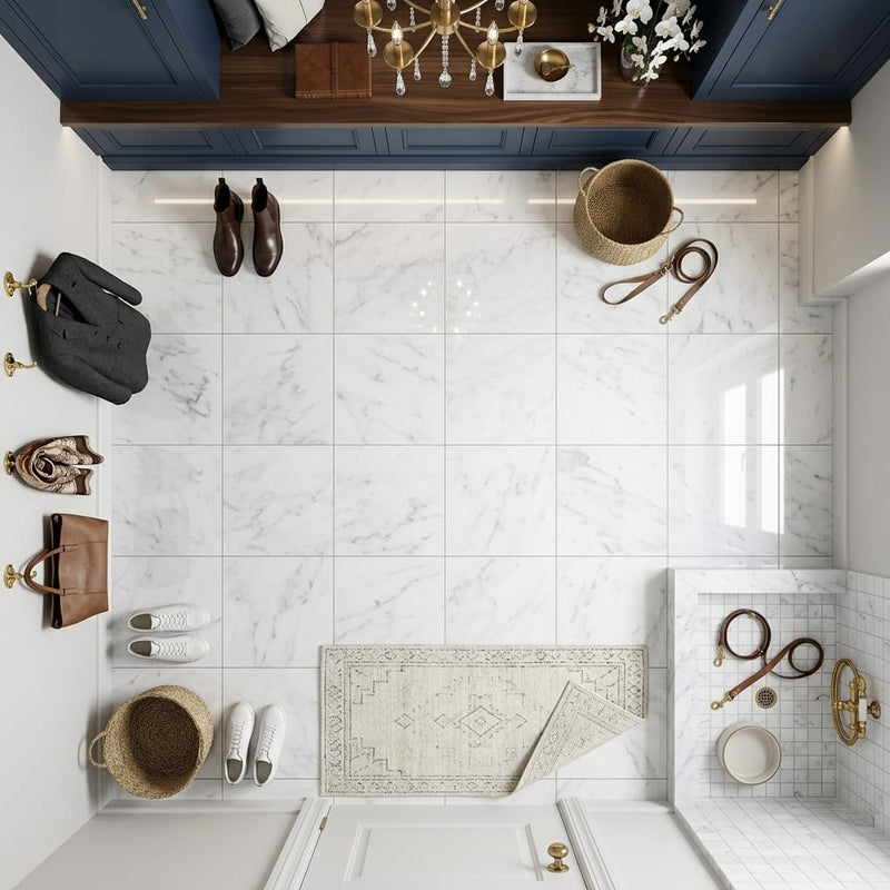 Bianco Carrara 12x12 Polished Marble Tile — Mudroom floor