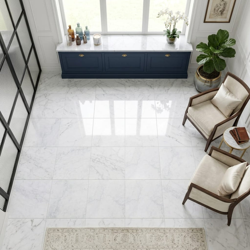 Bianco Carrara 12x12 Polished Marble Tile — Sunroom floor