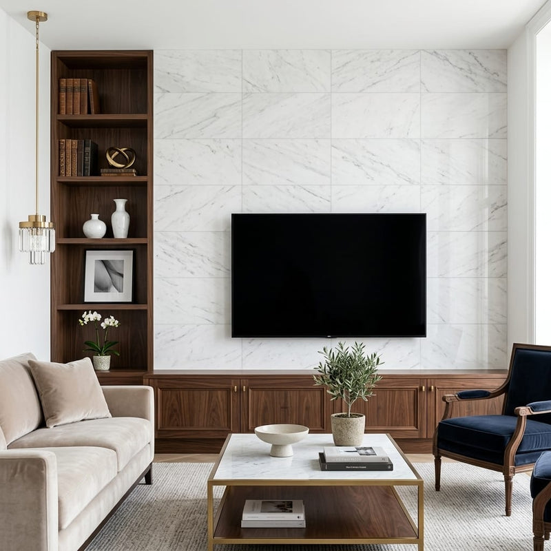 Bianco Carrara 12x24 Polished Marble Tile — Living Room feature wall