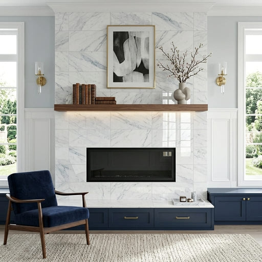 Bianco Carrara 12x24 Polished Marble Tile — Living Room fireplace surround