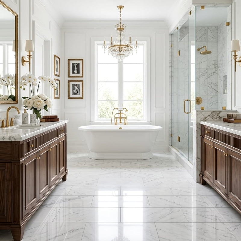 Bianco Carrara 12x24 Polished Marble Tile — Primary Bath floor