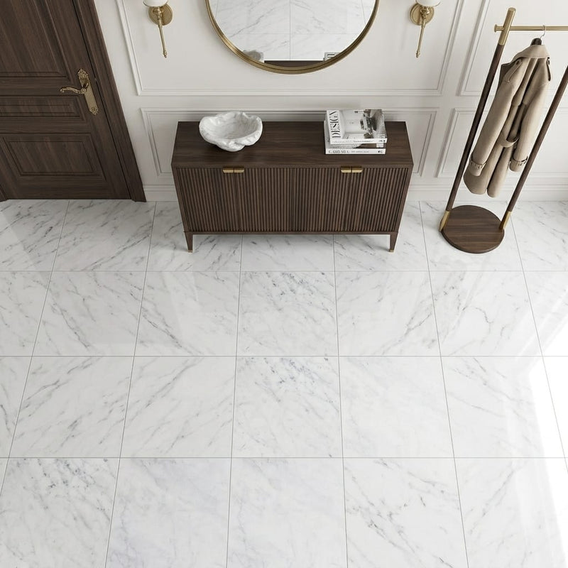 Bianco Carrara 24x24 Polished Marble Tile — Foyer floor