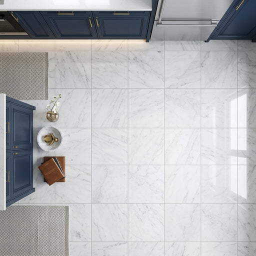 Bianco Carrara 24x24 Polished Marble Tile — Kitchen floor