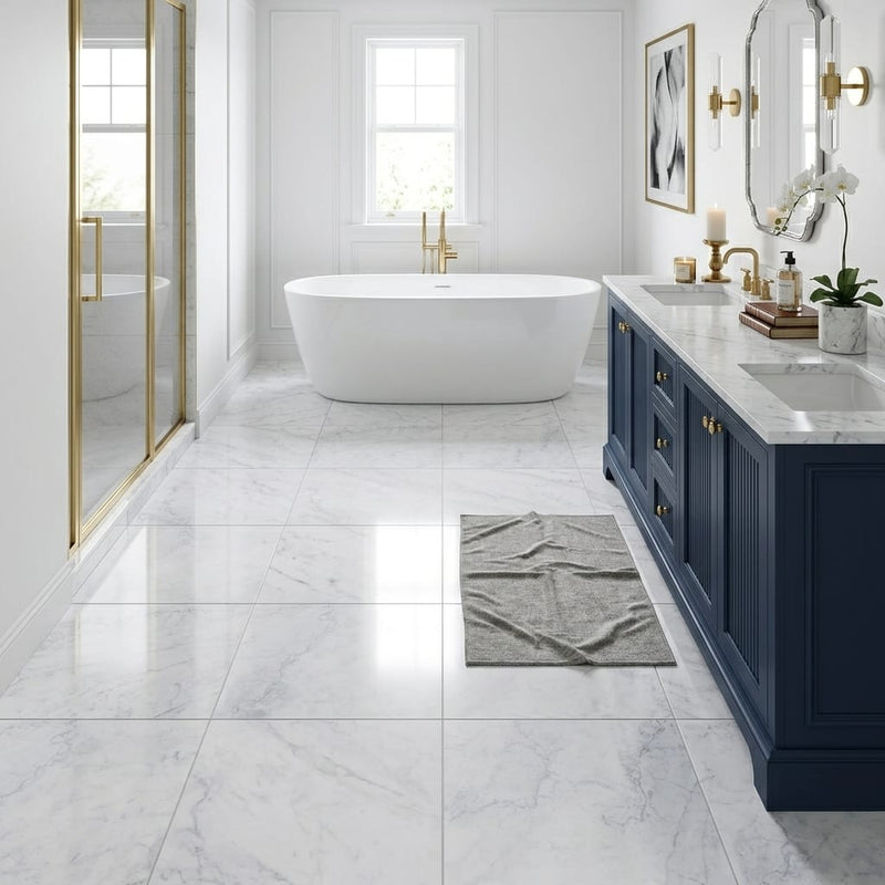 Bianco Carrara 24x24 Polished Marble Tile — Primary Bath floor