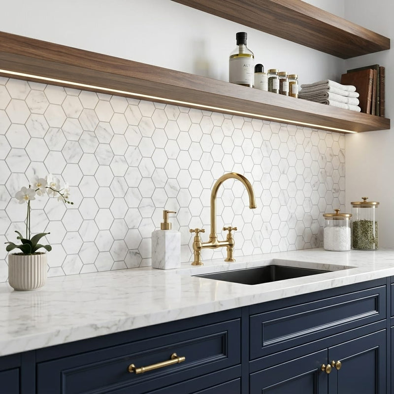 Bianco Carrara 2x2 Hexagon Honed Mesh Marble Mosaic — Kitchen backsplash