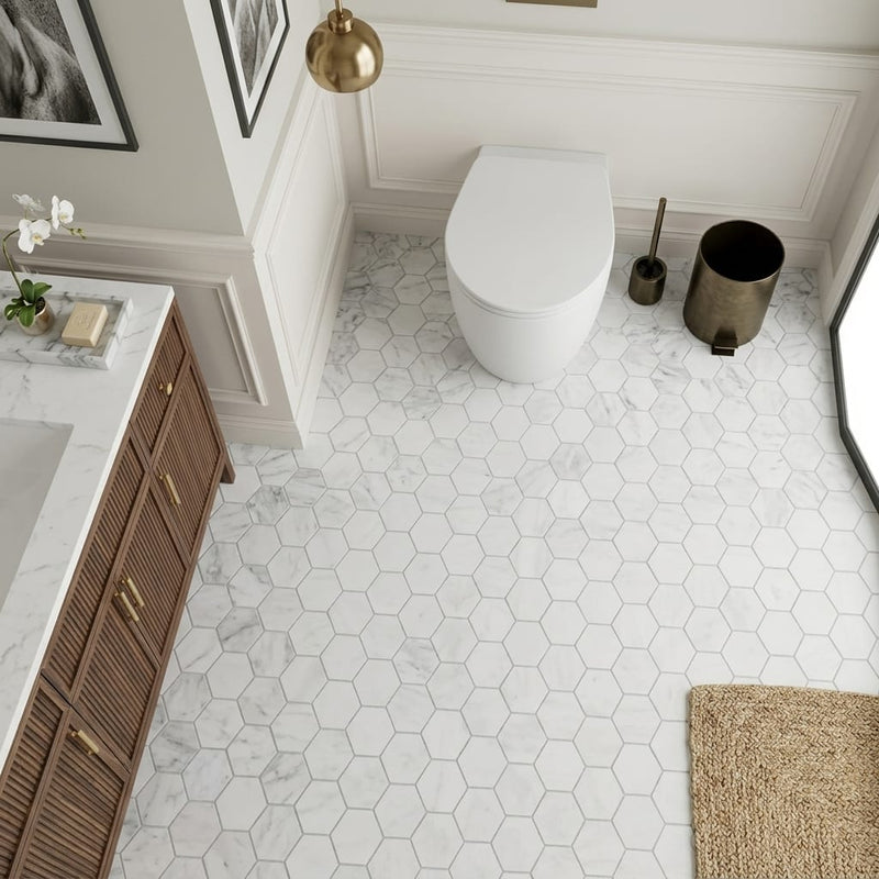 Bianco Carrara 2x2 Hexagon Honed Mesh Marble Mosaic — Powder Room floor