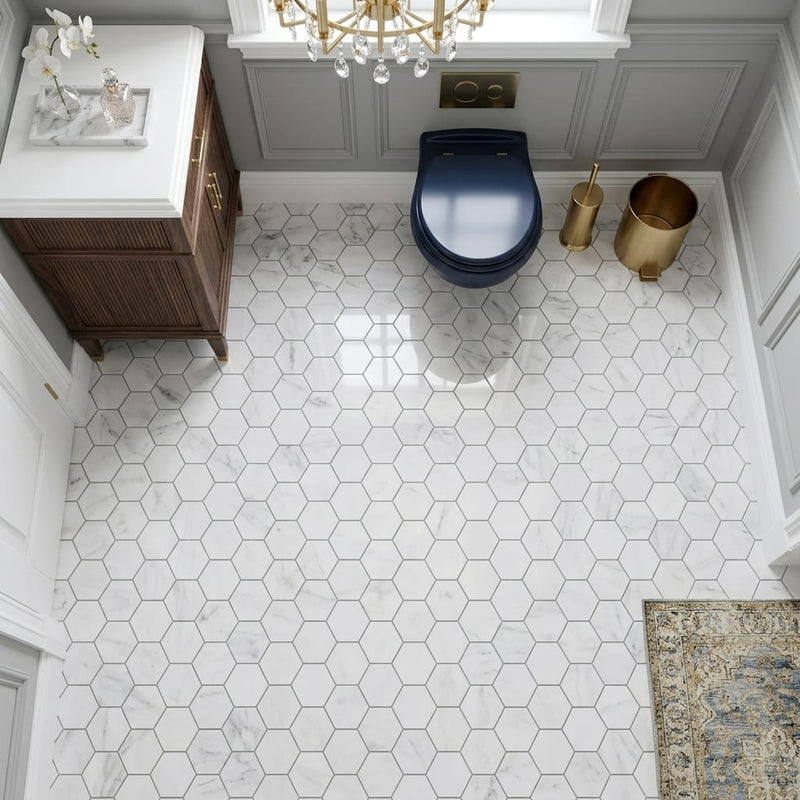Bianco Carrara 2x2 Hexagon Mesh Polished Marble Mosaic — Powder Room floor