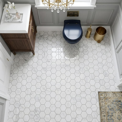 Bianco Carrara 2x2 Hexagon Mesh Polished Marble Mosaic — Powder Room floor