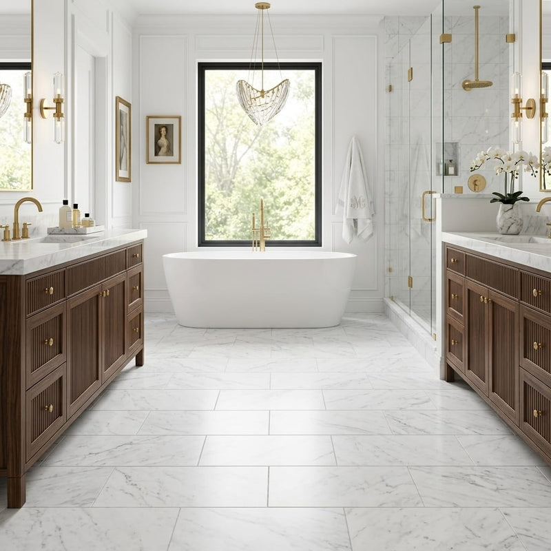 Bianco Carrara Honed 12x24 Marble Tile — Primary Bath floor