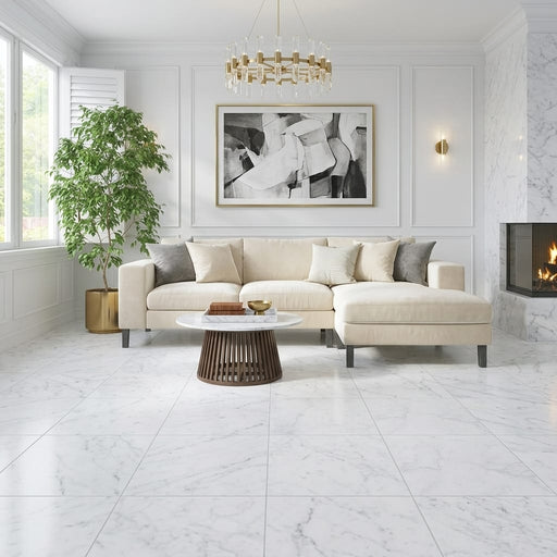 Bianco Carrara Honed 24x24 Marble Tile — Living Room floor