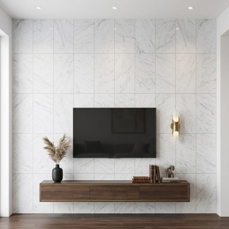 Bianco Carrara Honed 24x48 Marble Tile — Living Room feature wall