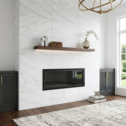 Bianco Carrara Honed 24x48 Marble Tile — Living Room fireplace surround