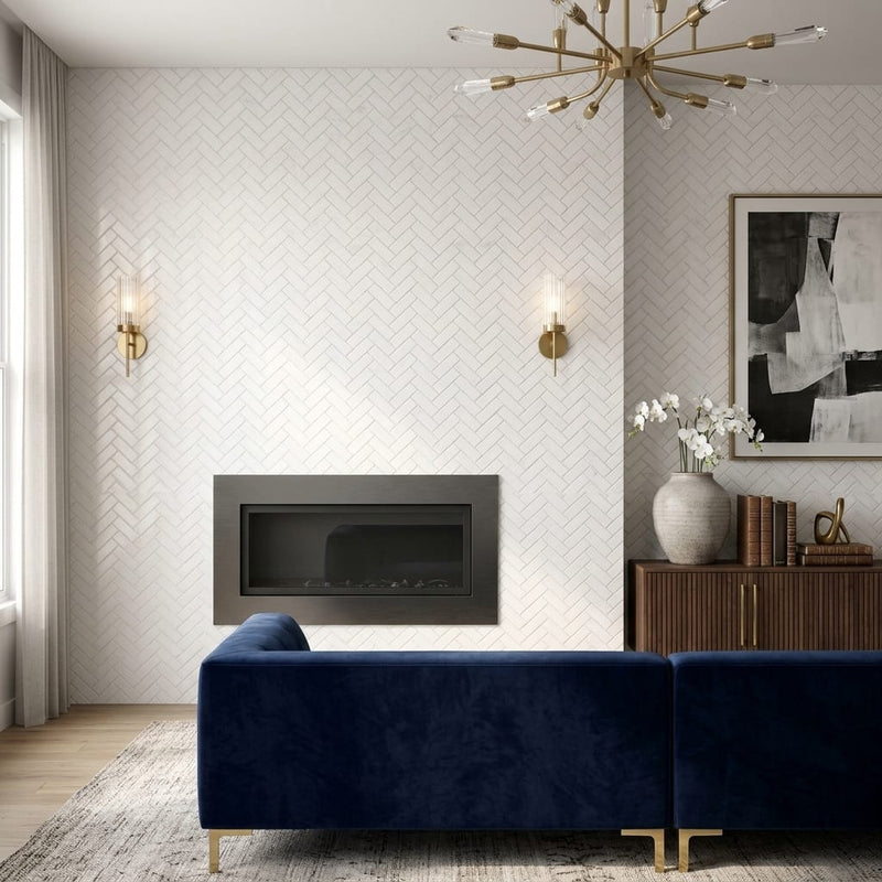 Bianco Congelato Marble 1x2 Leathered Dolomite Herringbone Mosaic — Living Room accent wall