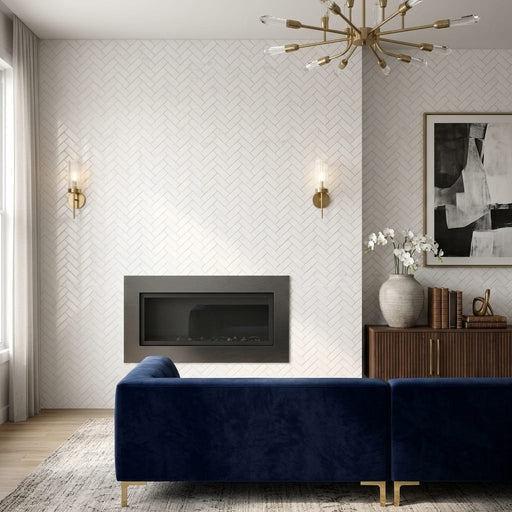 Bianco Congelato Marble 1x2 Leathered Dolomite Herringbone Mosaic — Living Room accent wall