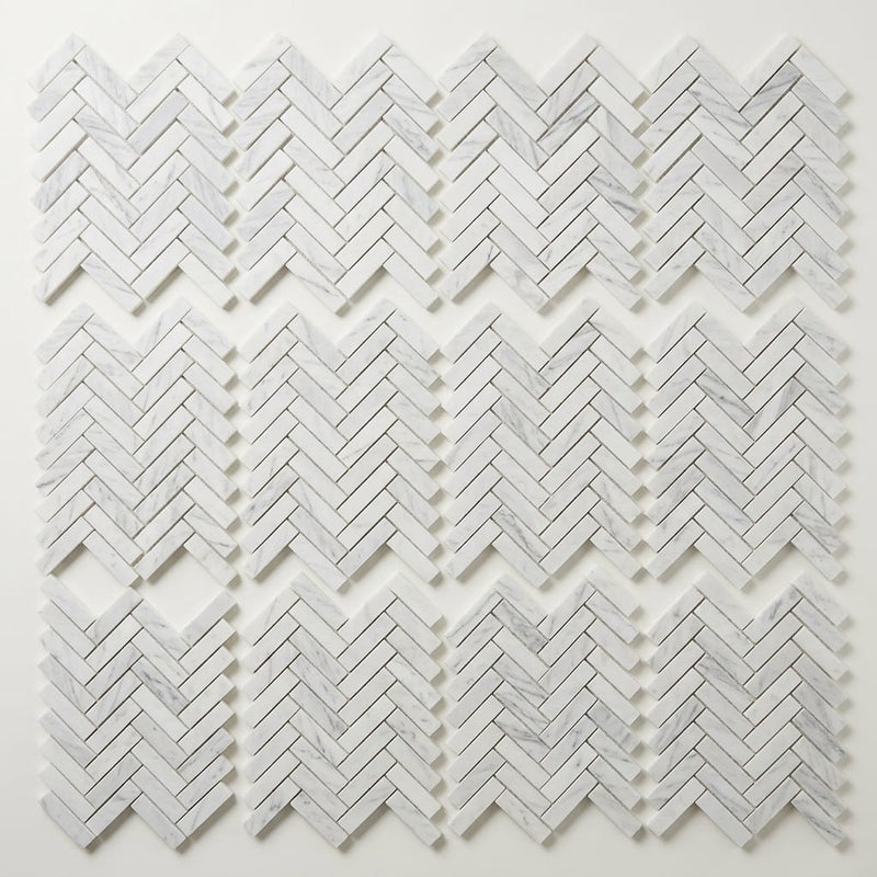 Bianco Congelato Marble 1x4 Leathered Dolomite Herringbone Mosaic close-up