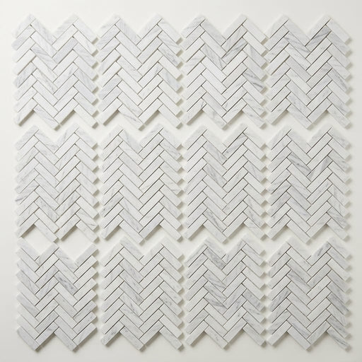 Bianco Congelato Marble 1x4 Leathered Dolomite Herringbone Mosaic close-up