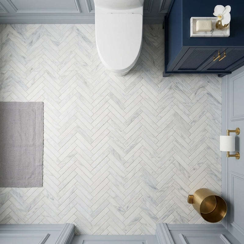Bianco Congelato Marble 1x4 Leathered Dolomite Herringbone Mosaic — Powder Room floor
