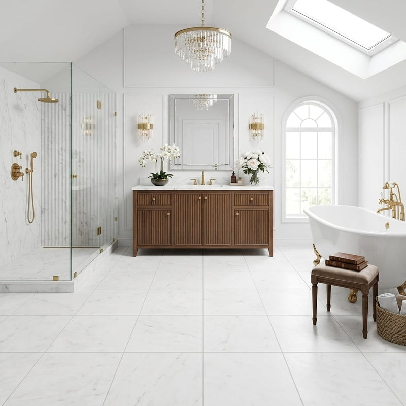Bianco Congelato Marble 12x12 Leathered Dolomite Tile — Bathroom floor