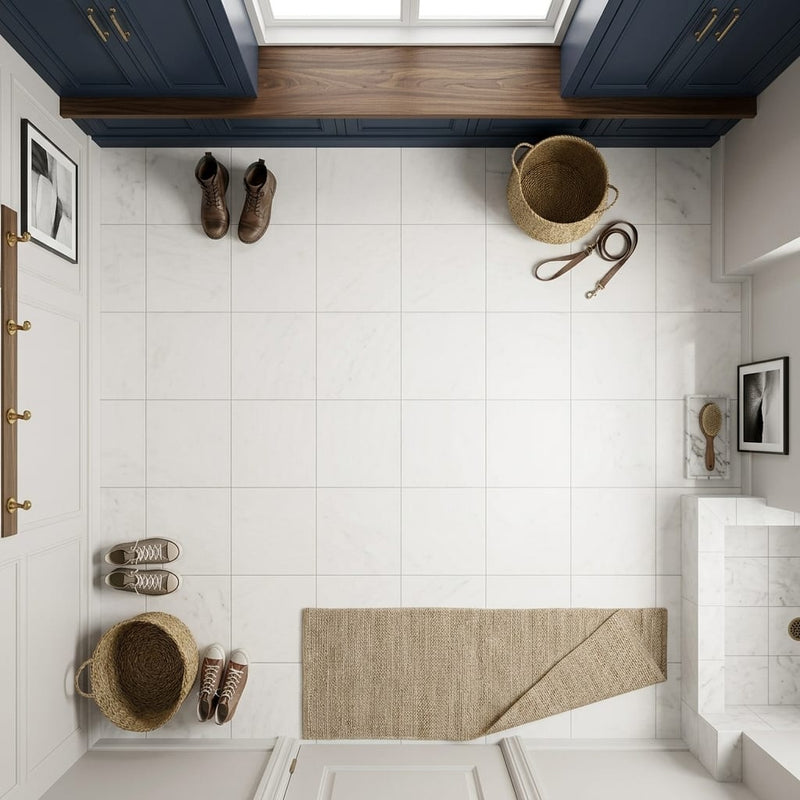 Bianco Congelato Marble 12x12 Leathered Dolomite Tile — Mudroom floor