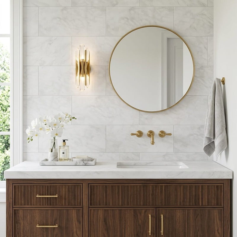 Bianco Congelato Marble 12x24 Leathered Dolomite Tile — Bathroom vanity wall