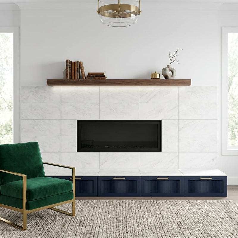 Bianco Congelato Marble 12x24 Leathered Dolomite Tile — Living Room fireplace surround