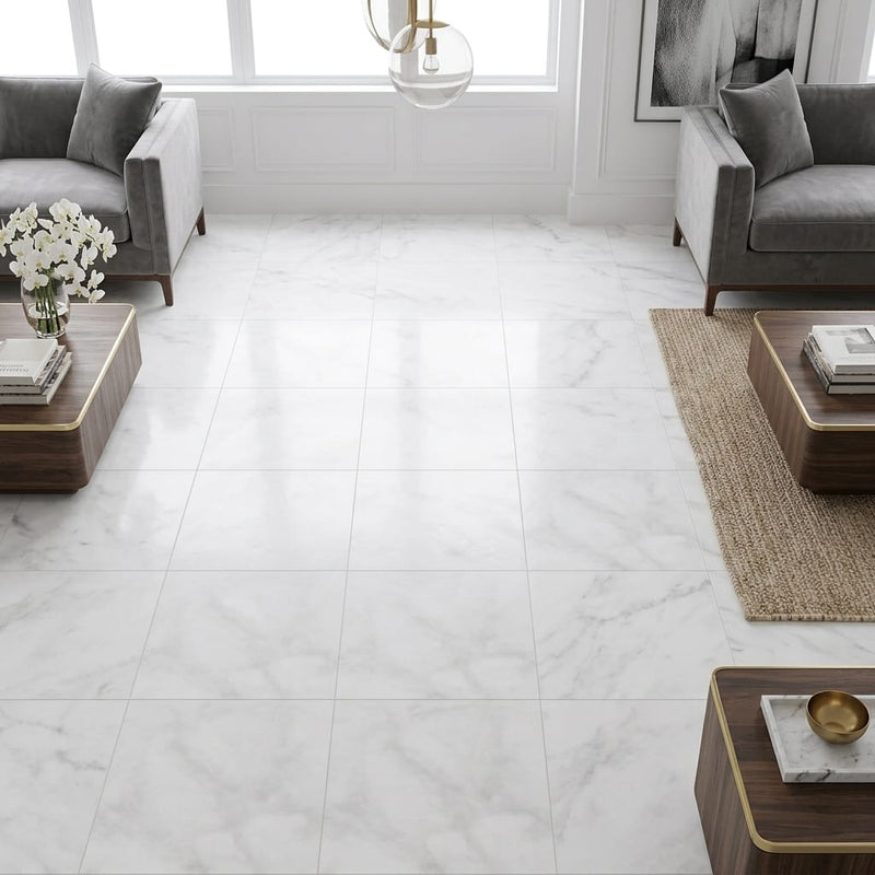 Bianco Congelato Marble 18x18 Leathered Dolomite Tile — Family Room floor