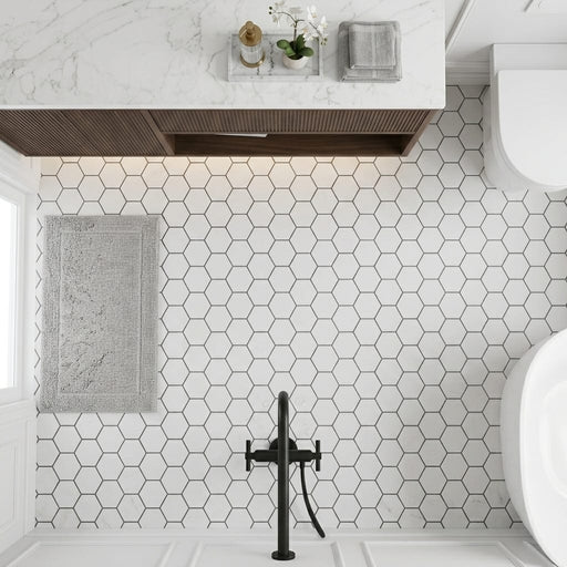 Bianco Congelato Marble 2x2 Leathered Dolomite Hexagon Mosaic — Bathroom floor