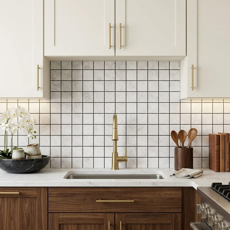 Bianco Congelato Marble 2x2 Leathered Dolomite Mosaic — Kitchen backsplash