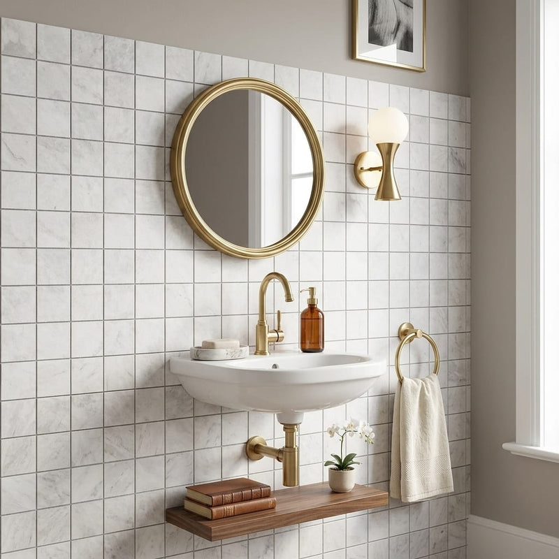 Bianco Congelato Marble 2x2 Leathered Dolomite Mosaic — Powder Room wall