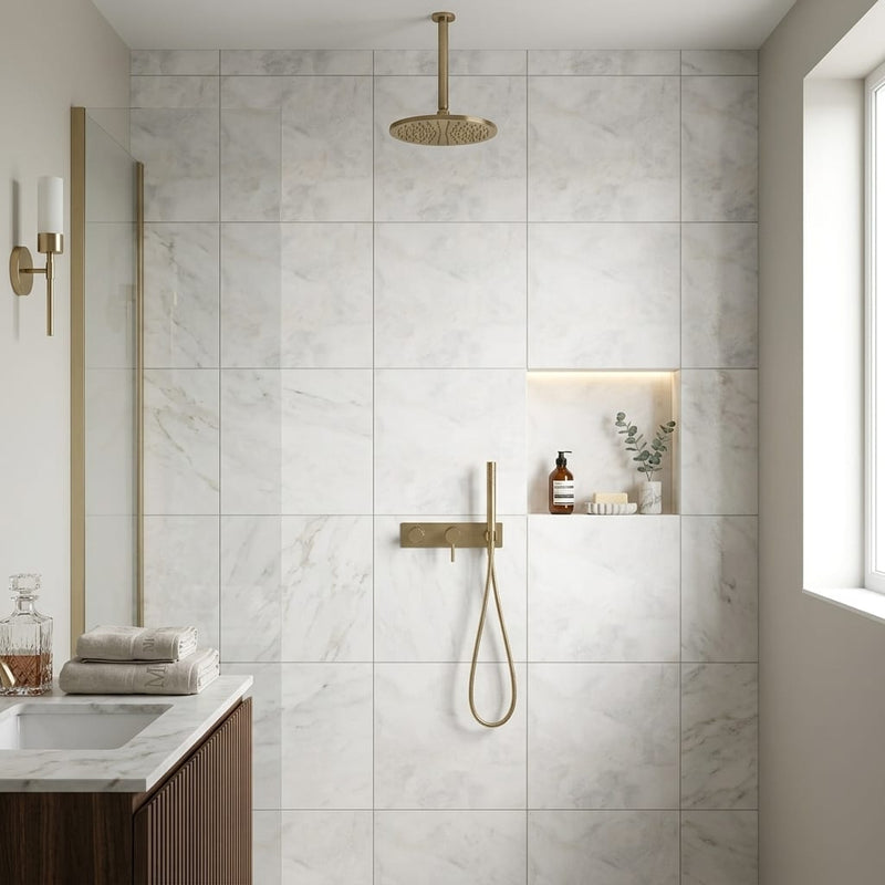 Bianco Congelato Marble 24x24 Leathered Dolomite Tile — Bathroom shower wall