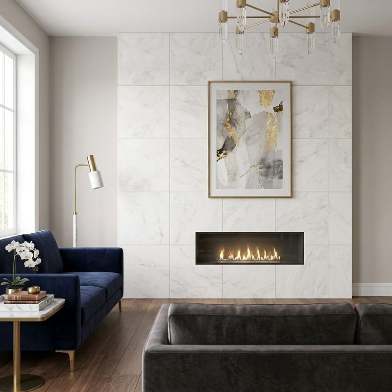 Bianco Congelato Marble 24x24 Leathered Dolomite Tile — Living Room feature wall