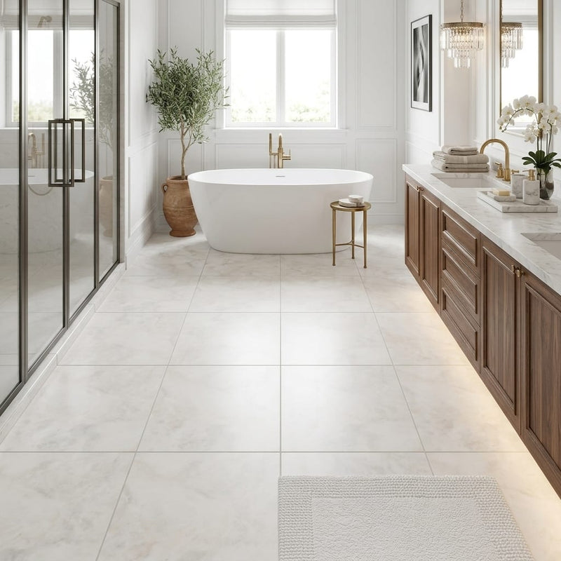 Bianco Congelato Marble 24x24 Leathered Dolomite Tile — Primary Bath floor