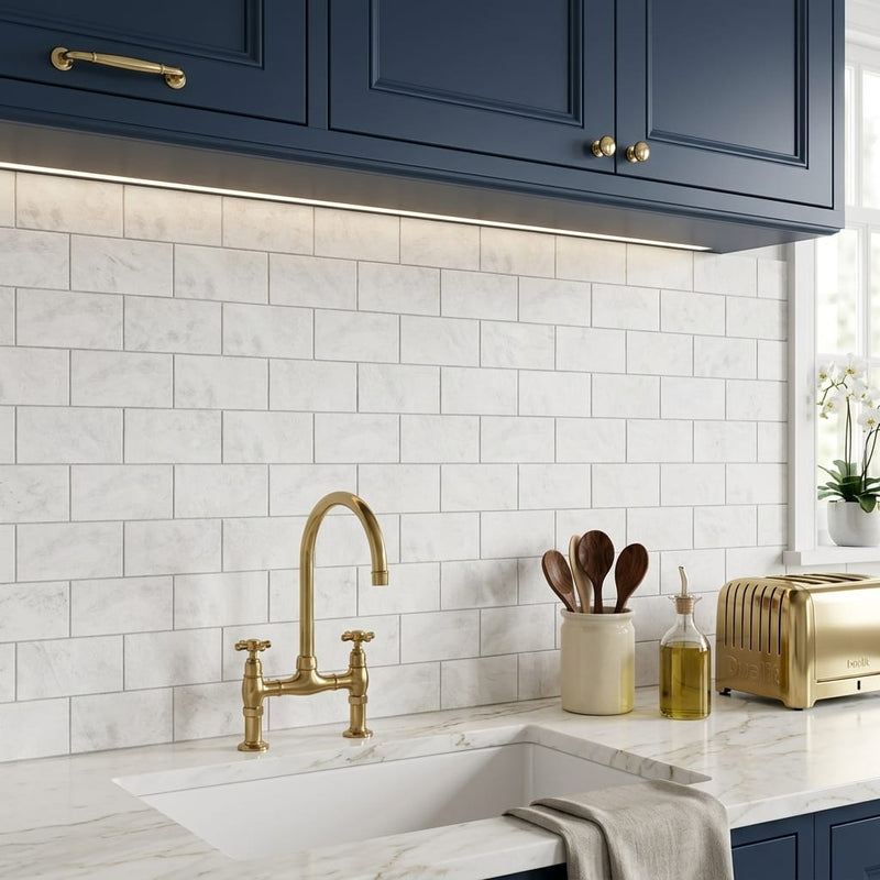 Bianco Congelato Marble 3x6 Leathered Dolomite Tile — Kitchen backsplash