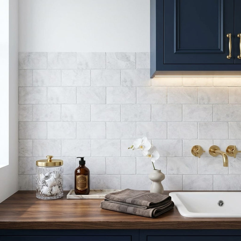 Bianco Congelato Marble 3x6 Leathered Dolomite Tile — Laundry Room backsplash