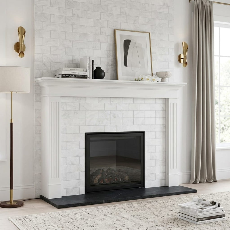 Bianco Congelato Marble 3x6 Leathered Dolomite Tile — Living Room fireplace surround