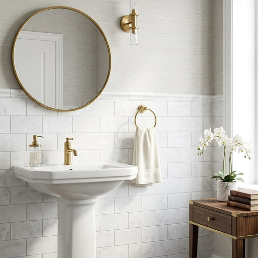 Bianco Congelato Marble 3x6 Leathered Dolomite Tile — Powder Room wainscot