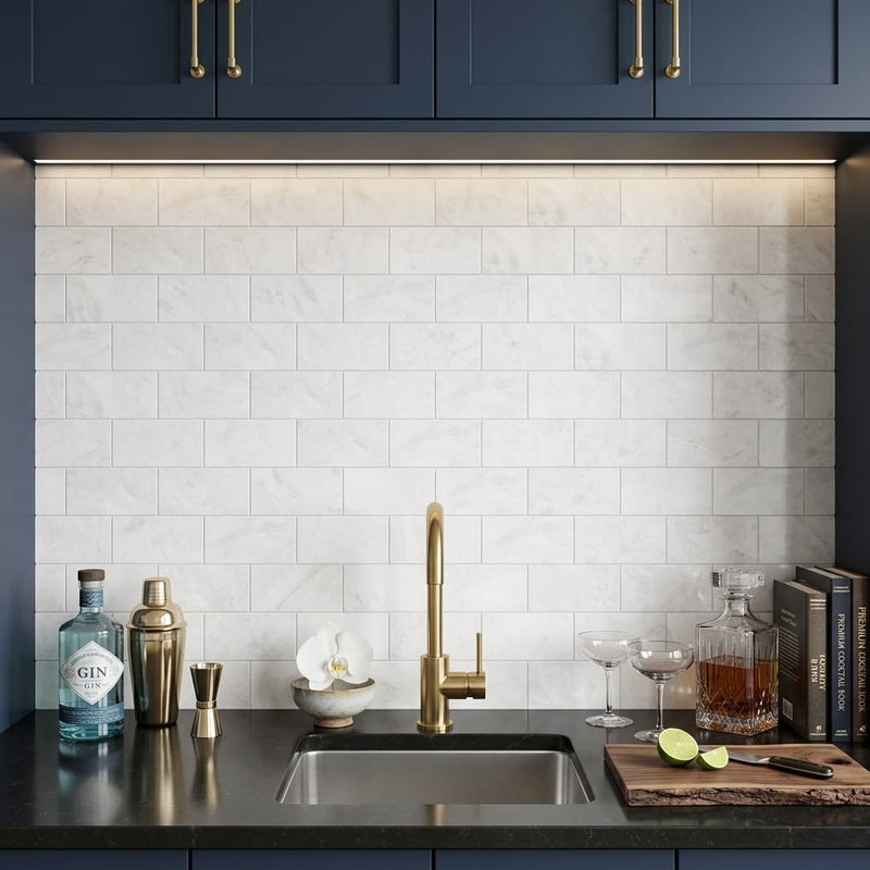 Bianco Congelato Marble 3x6 Leathered Dolomite Tile — Wet Bar backsplash