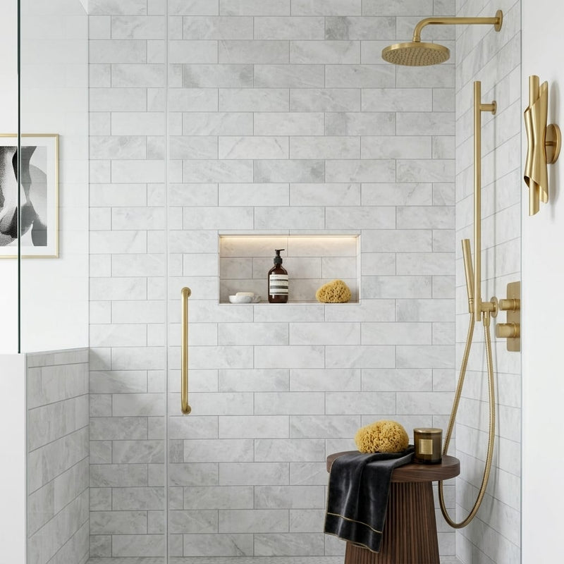 Bianco Congelato Marble 4x12 Leathered Dolomite Tile — Bathroom shower wall