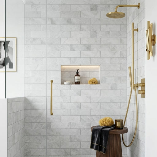 Bianco Congelato Marble 4x12 Leathered Dolomite Tile — Bathroom shower wall