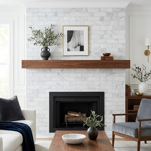 Bianco Congelato Marble 4x12 Leathered Dolomite Tile — Living Room fireplace surround