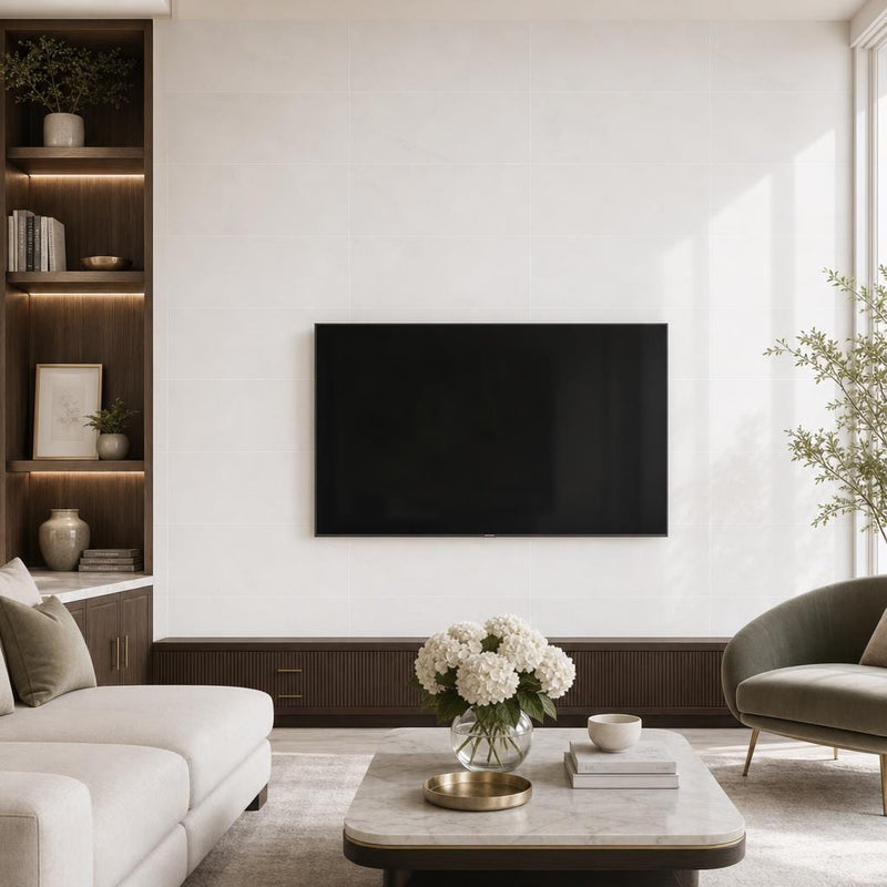 Bianco Dolomite 12x24 Honed Marble Tile — Living Room feature wall