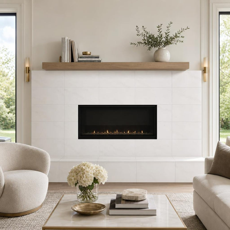 Bianco Dolomite 12x24 Honed Marble Tile — Living Room fireplace surround