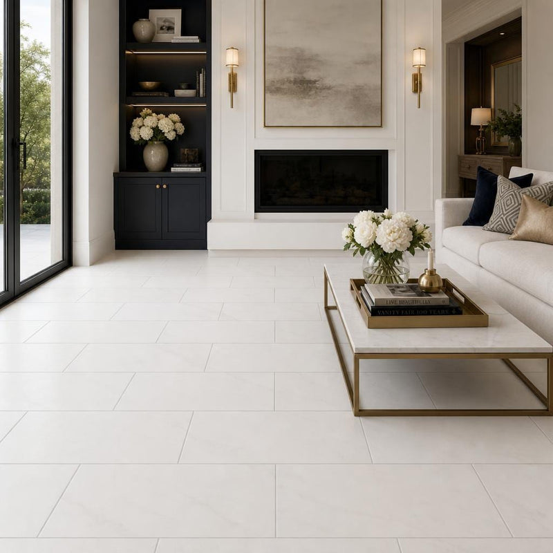 Bianco Dolomite 12x24 Honed Marble Tile — Living Room floor