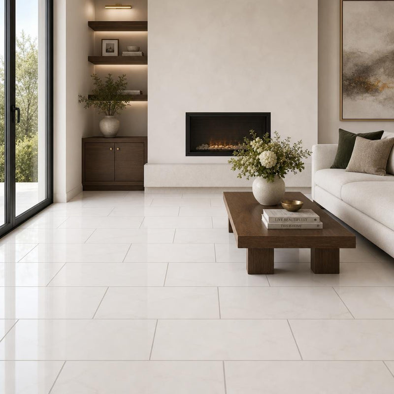 Bianco Dolomite 12x24 Polished Marble Tile — Living Room floor