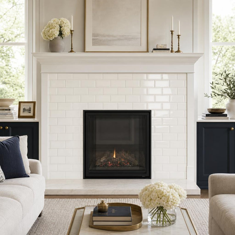 Bianco Dolomite 3x6 Polished Marble Subway Tile — Living Room fireplace surround