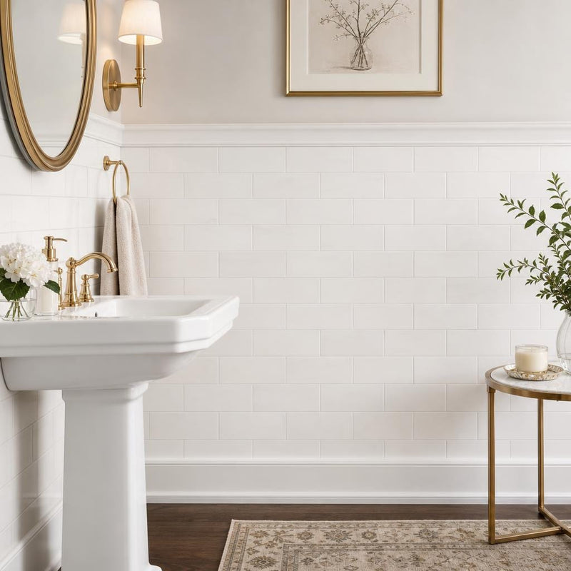 Bianco Dolomite 3x6 Polished Marble Subway Tile — Powder Room wainscot