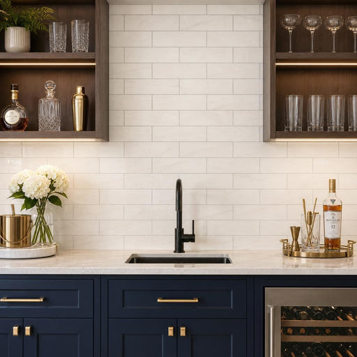 Bianco Dolomite 4x12 Polished Marble Subway Tile — Wet Bar backsplash